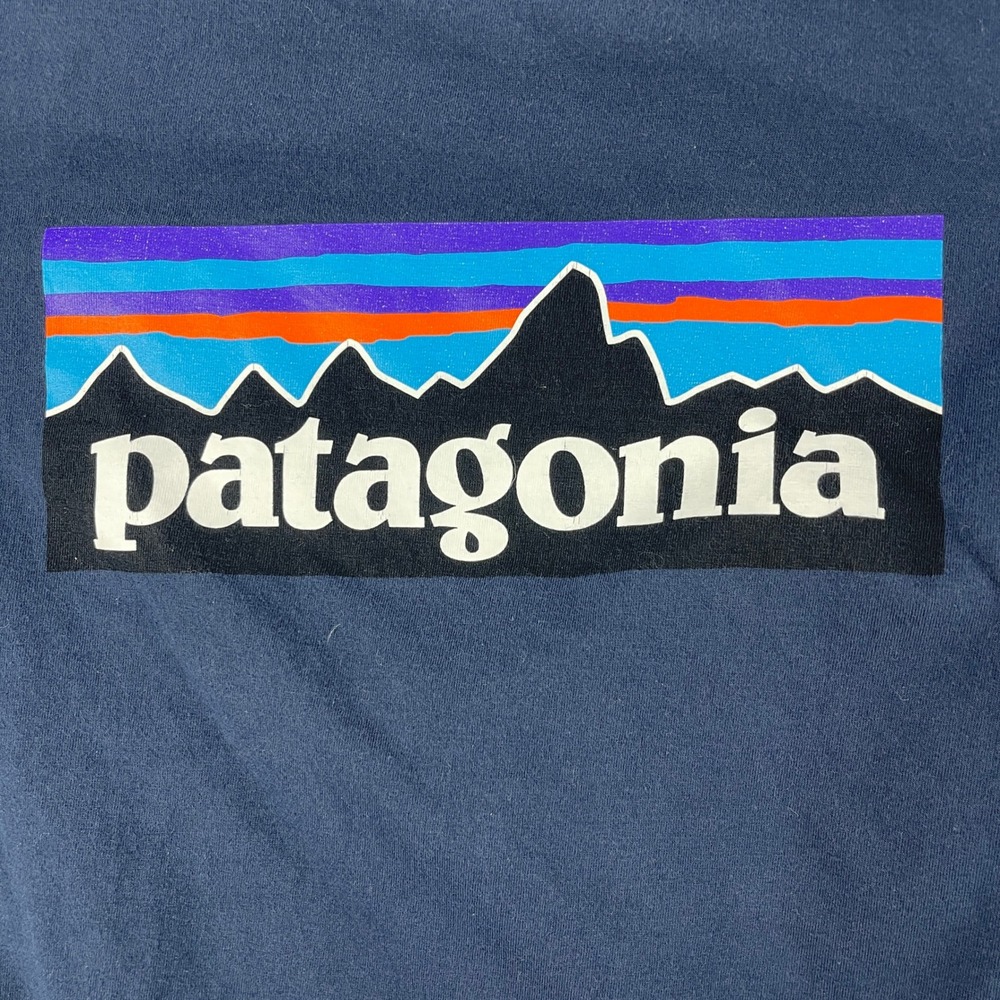 Patagonia Kids M(10) Navy Blue T-Shirt P-6 Logo Organic Cotton Short Sleeve